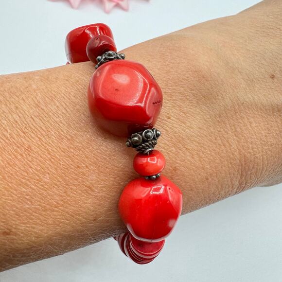 Chunky Red Dyed Bamboo Coral Toggle Clasp Bracelet Bali Style Beads Bohemian Big - Picture 6 of 10
